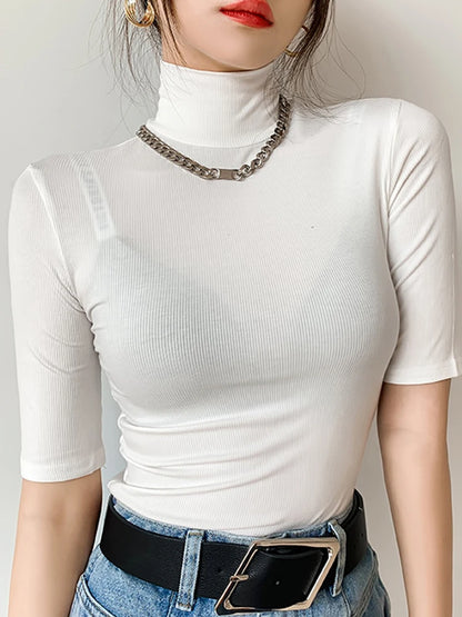 Women Cotton Turtleneck Slim Tee Short Sleeve White Top