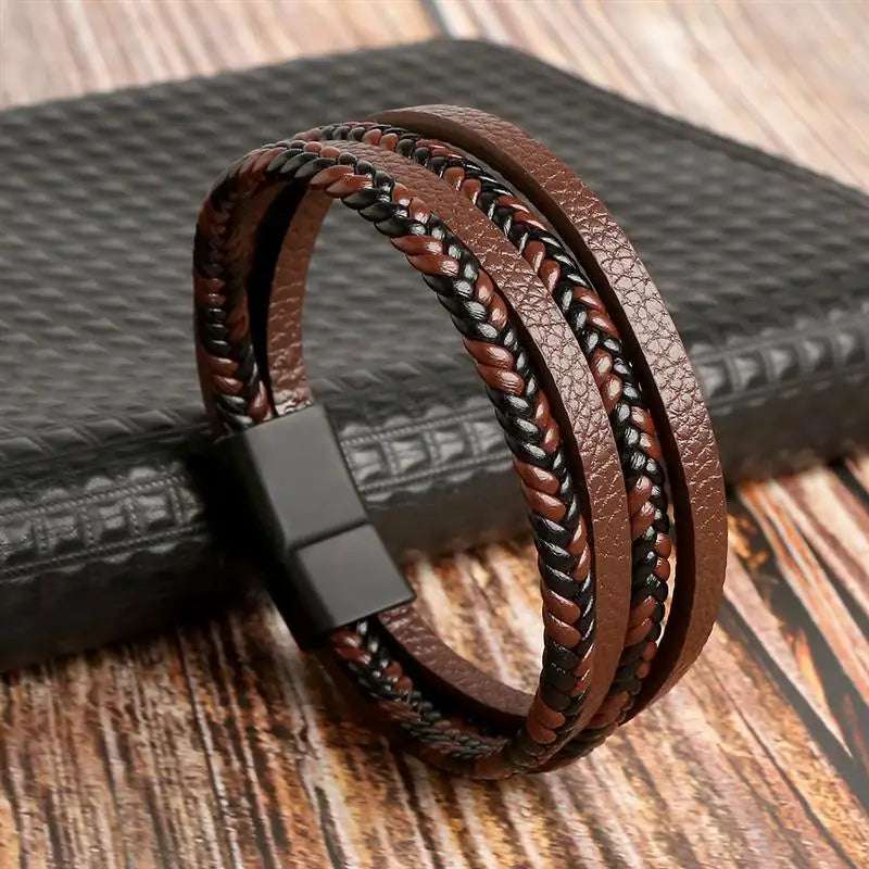 Men's Leather Bracelet with Stainless Steel Tree of Life Charm - Stylish Multi-Layer Fashion Accessory