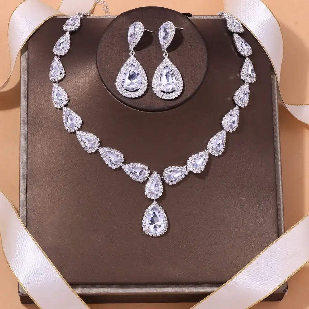 Geometric Rhinestone Bridal Jewelry Set with Zircon Necklace and Earrings