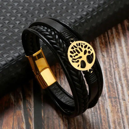 Men's Leather Bracelet with Stainless Steel Tree of Life Charm - Stylish Multi-Layer Fashion Accessory