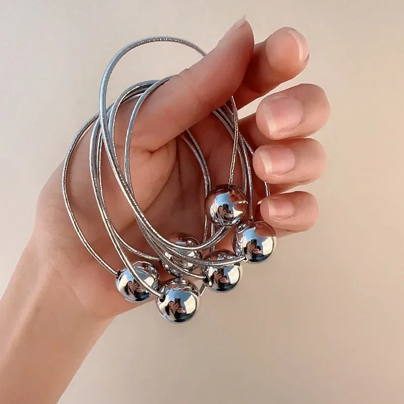 Silver Ball Elastic Hair Ties for Women and Girls - Elegant Bead Ponytail Accessories for Weddings and Parties