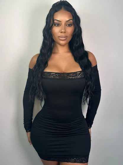 Womens Off Shoulder Lace Bodycon Mini Dress Long Sleeves