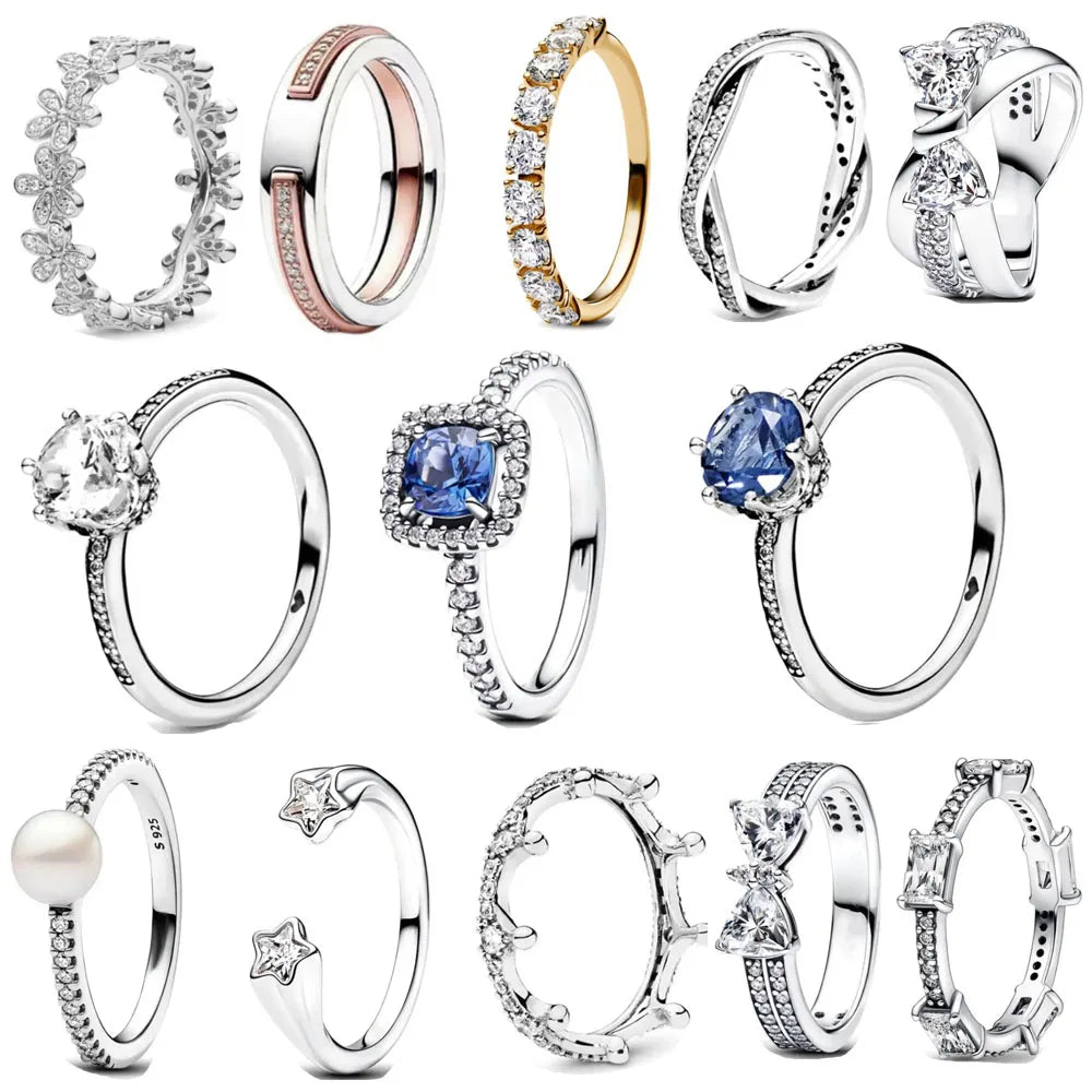 European 925 Sterling Silver Blue Daisy Star Stone Ring for Women Size 6 7 8 9 Wedding and Party Fashion