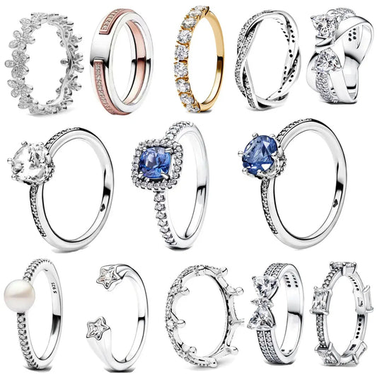 European 925 Sterling Silver Blue Daisy Star Stone Ring for Women Size 6 7 8 9 Wedding and Party Fashion