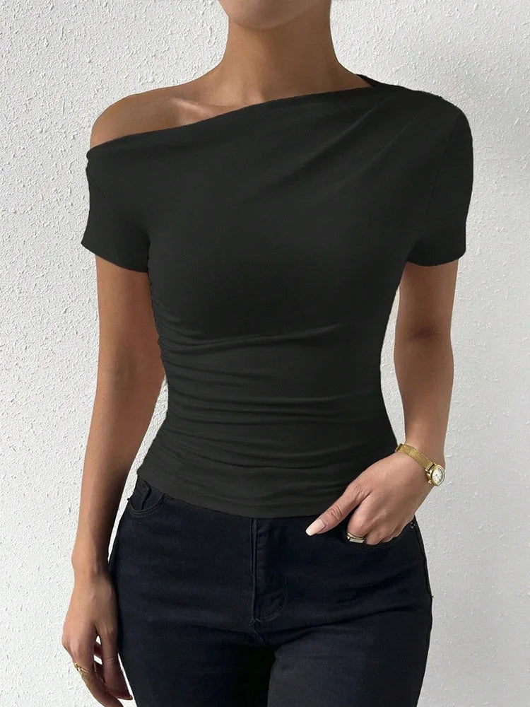 Women One Shoulder Ruched Tee Slim Fit Casual Summer Top