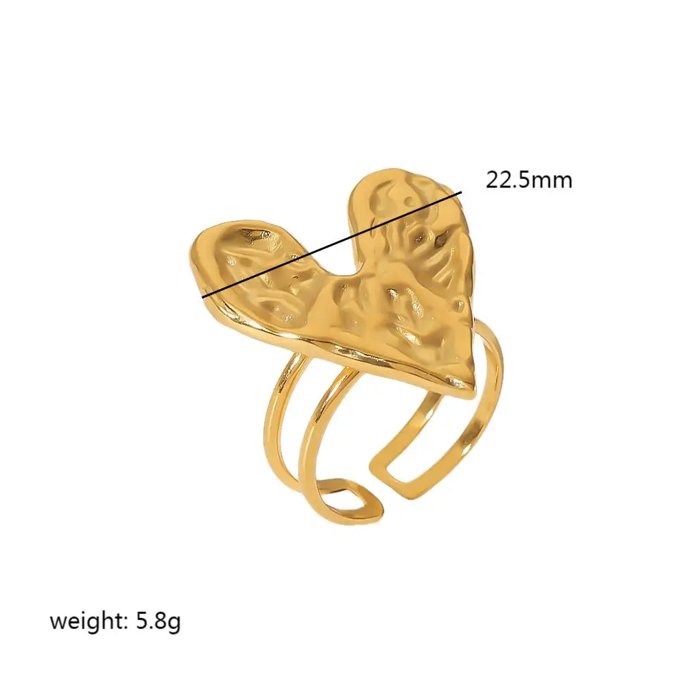 French Vintage Lava Texture Heart Ring 18K Gold Plated Stainless Steel Exaggerate Hammer Design for Women
