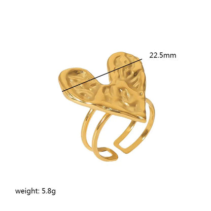 French Vintage Lava Texture Heart Ring 18K Gold Plated Stainless Steel Exaggerate Hammer Design for Women