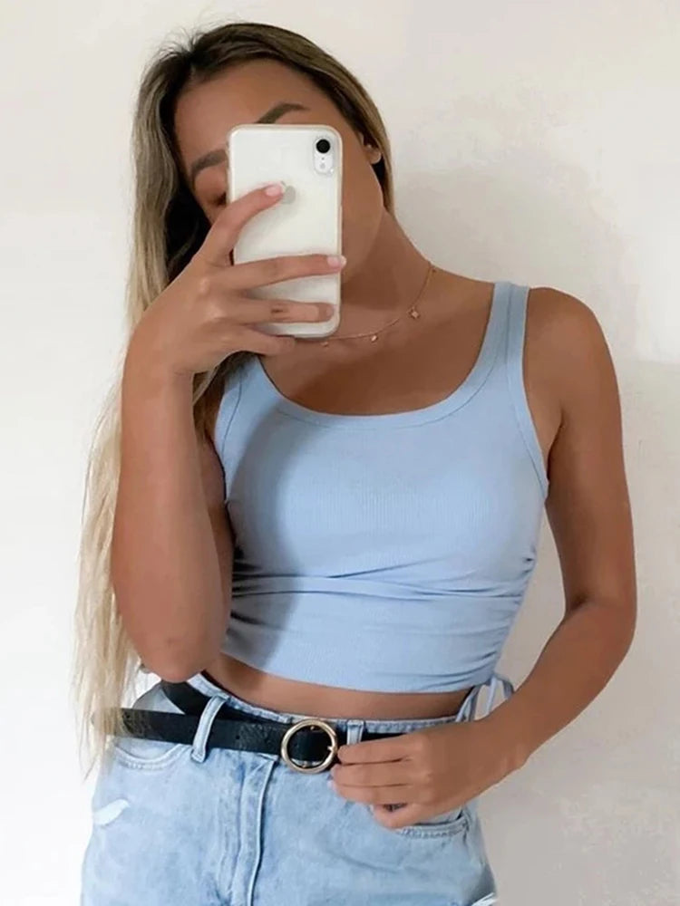 Ruched Tie Up Sleeveless Crop Top Women Summer Knit
