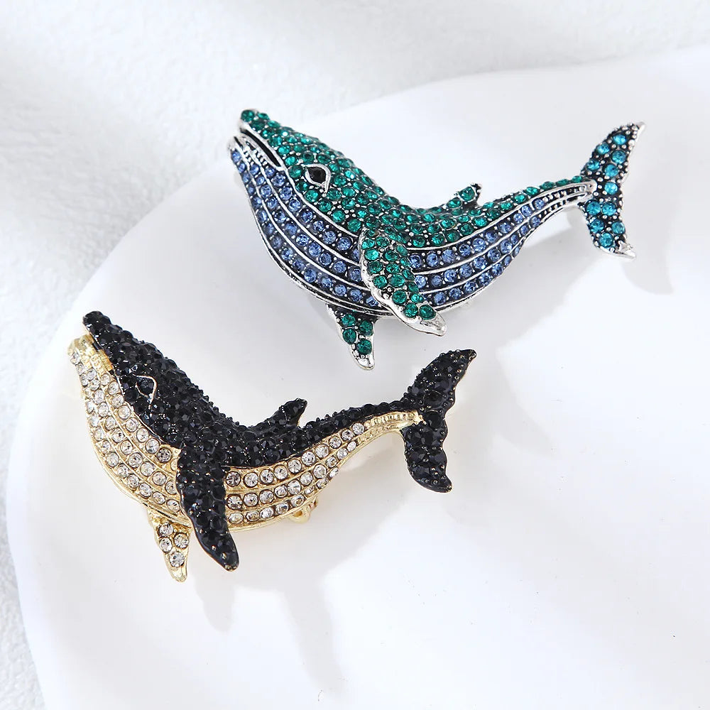 Vintage Black Dolphin Rhinestone Brooch for Women - Elegant Whale Pendant Pin for Party and Wedding