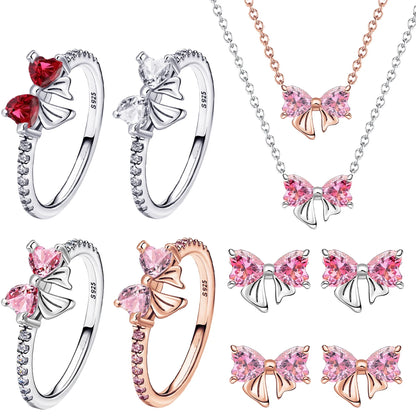 925 Sterling Silver Colorful Bow Jewelry Set for Women Rings Earrings Necklaces Charms DIY Gift