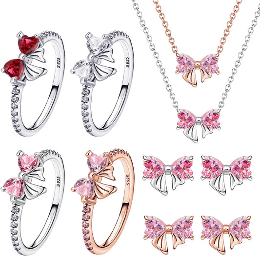 925 Sterling Silver Colorful Bow Jewelry Set for Women Rings Earrings Necklaces Charms DIY Gift