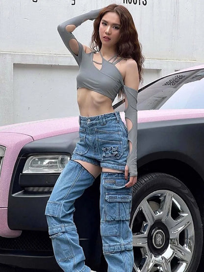 Punk Halter Crop Top Patchwork Gothic Egirl Style For Women