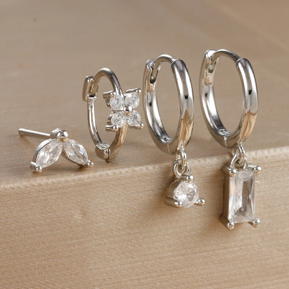 4PCS Luxury Flower Square Earrings Set for Women and Girls in Stainless Steel with Zircon Cartilage Piercing Hoop Design