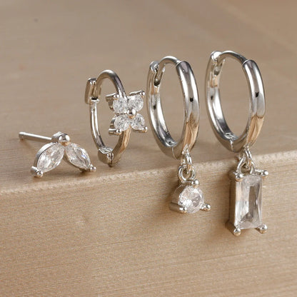 4PCS Luxury Flower Square Earrings Set for Women and Girls in Stainless Steel with Zircon Cartilage Piercing Hoop Design