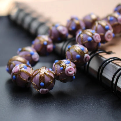 Handmade Lampwork Glass Flower Beads Set with Gold Accents for Jewelry Crafting