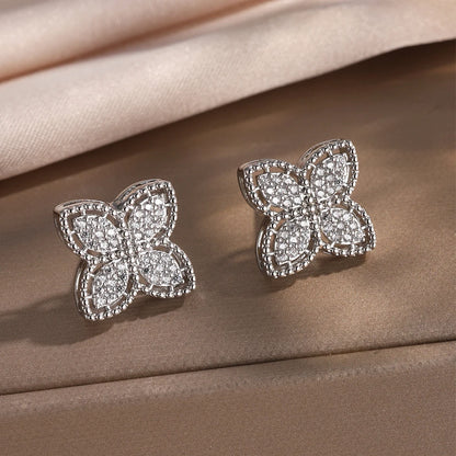 ZAKOL 18K Gold Four-Leaf Flower Cubic Zirconia Stud Earrings for Women