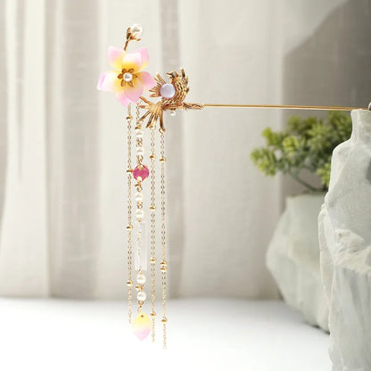 Vintage Chinese Flower Hairpin Elegant Hanfu Hair Stick for Women