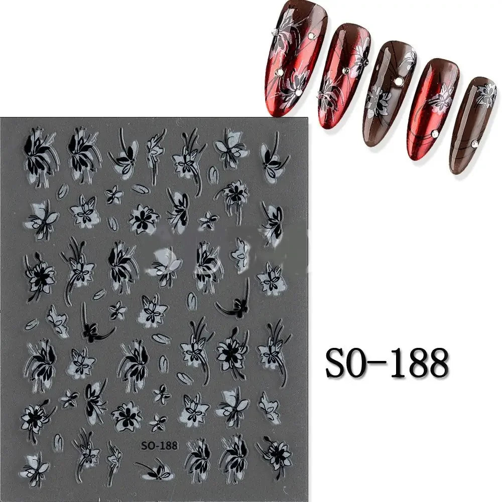 Elegant Black White Floral 3D Nail Art Stickers - Charming Petal Adhesive for DIY Manicure