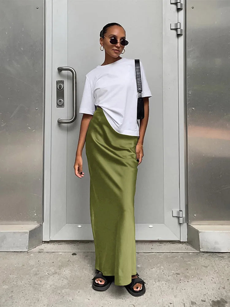 Satin Black Trumpet Skirt Women High Waist Long Office Wear