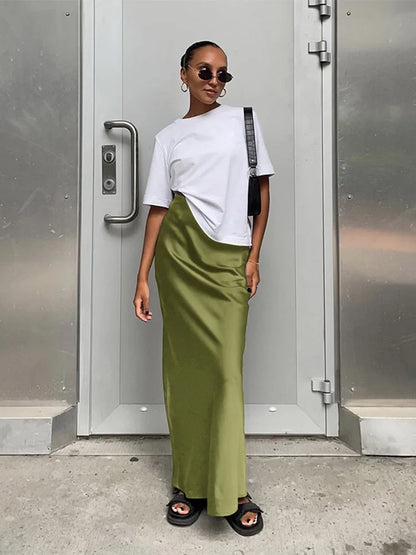 Satin Black Trumpet Skirt Women High Waist Long Office Wear