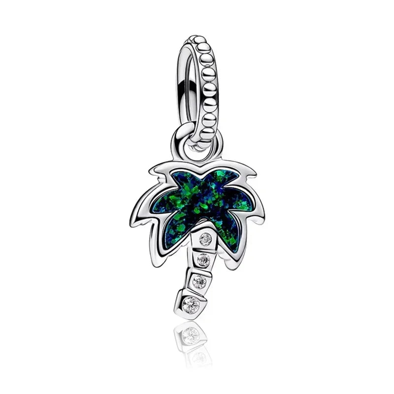 925 Sterling Silver Green Four-Leaf Clover Avocado Cactus Coconut Palm Bead Charms for DIY Bracelet and Necklace Women Gift