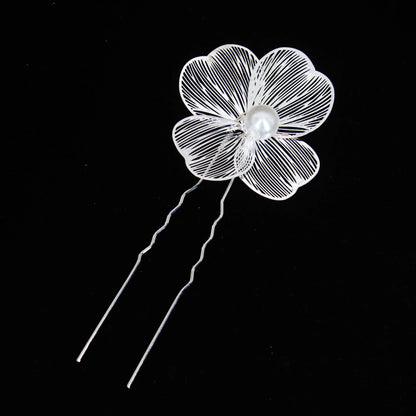 Bridal Bliss Flower Pearl Hair Comb Pins - 2PCS Wedding Accessories Pin Silver