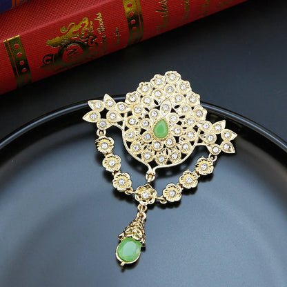Elegant Gold Flower Brooch for Women - Crystal Embellished Moroccan Jewelry for Caftans and Hijabs