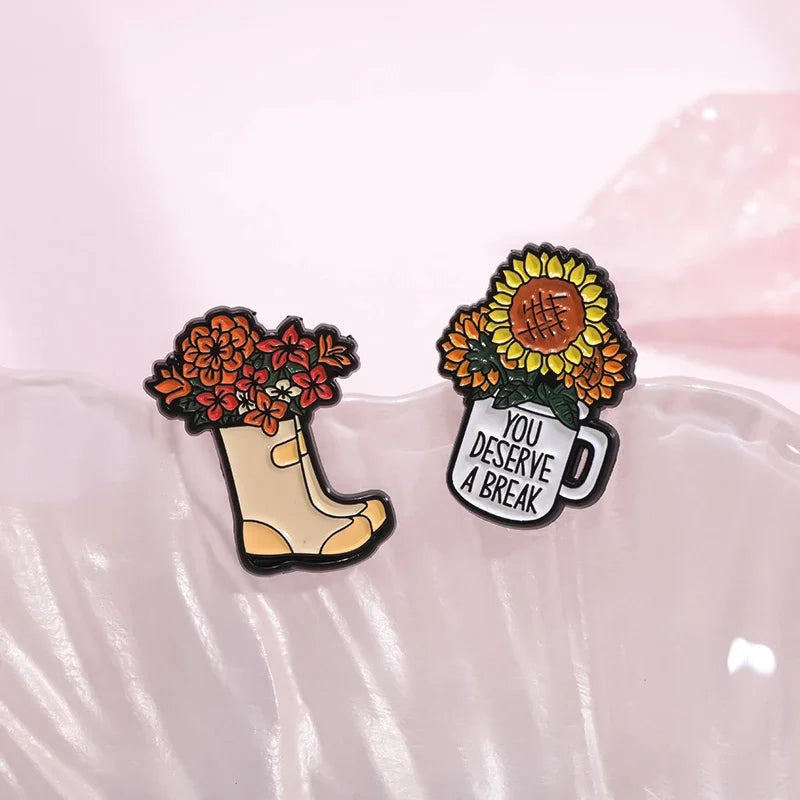 Whimsical Break Enamel Pin Set with Floral Bicycle and Watering Can Designs for Backpacks and Parties
