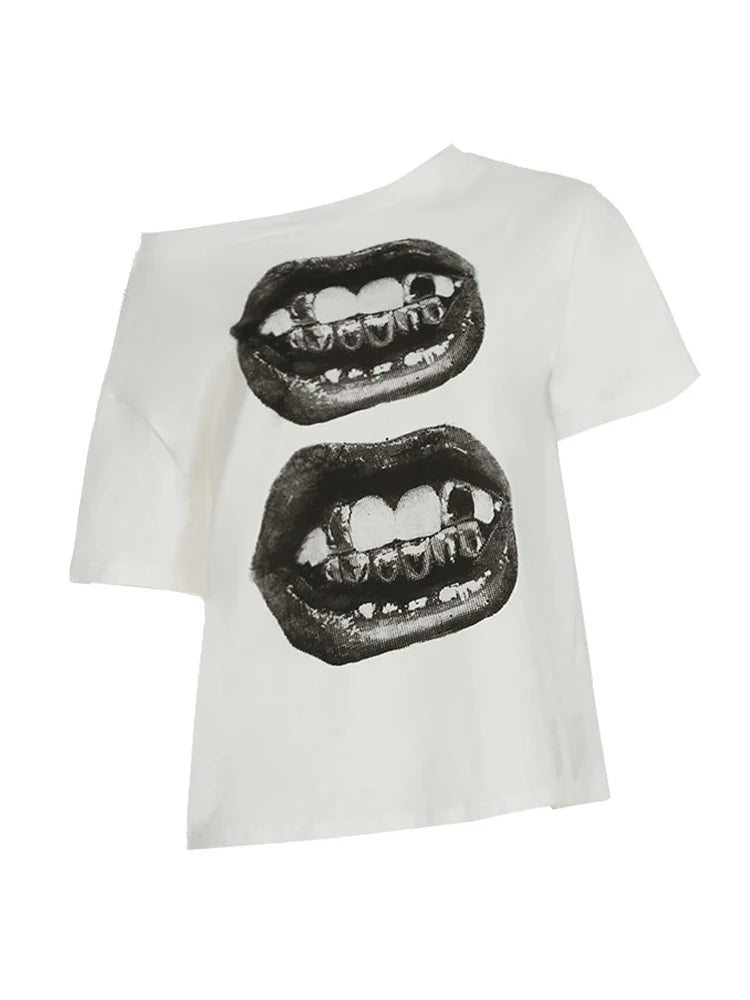 Bold Lip Print T Shirt for Women Loose Fit American Street