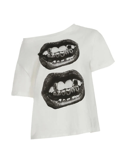 Bold Lip Print T Shirt for Women Loose Fit American Street