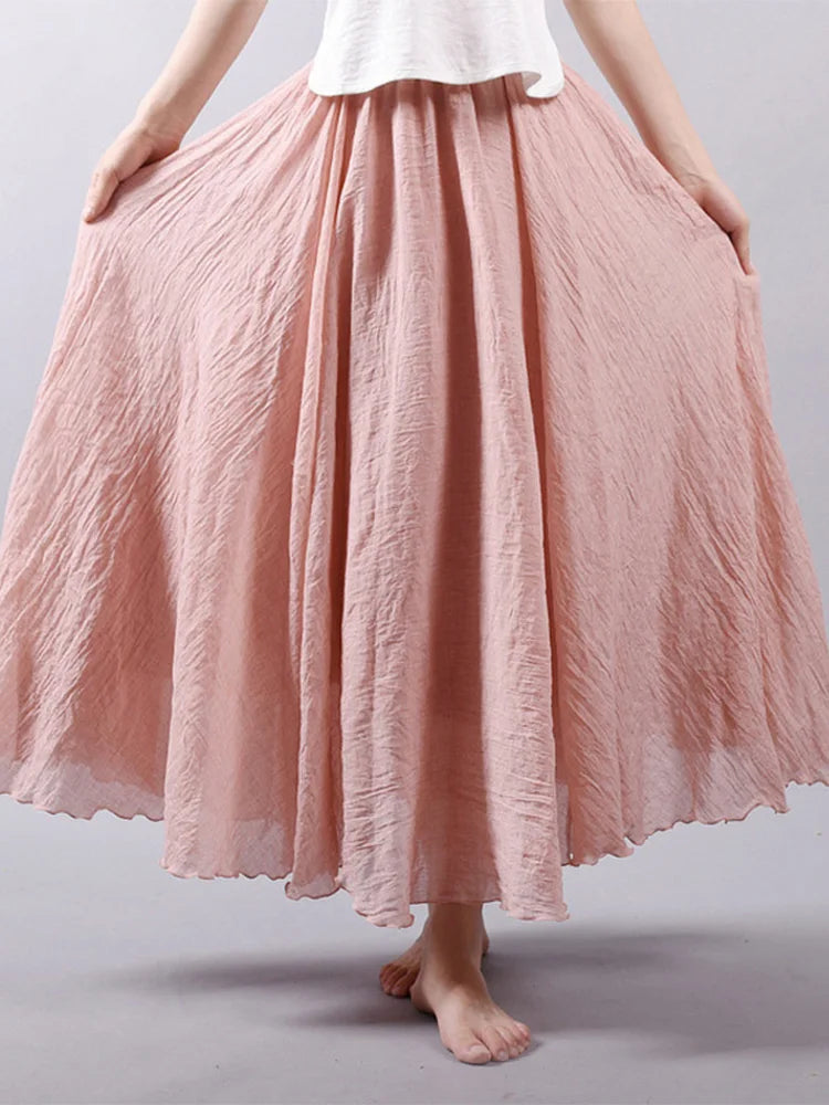 Boho Linen Cotton Maxi Skirt Elastic Waist Beige Pink