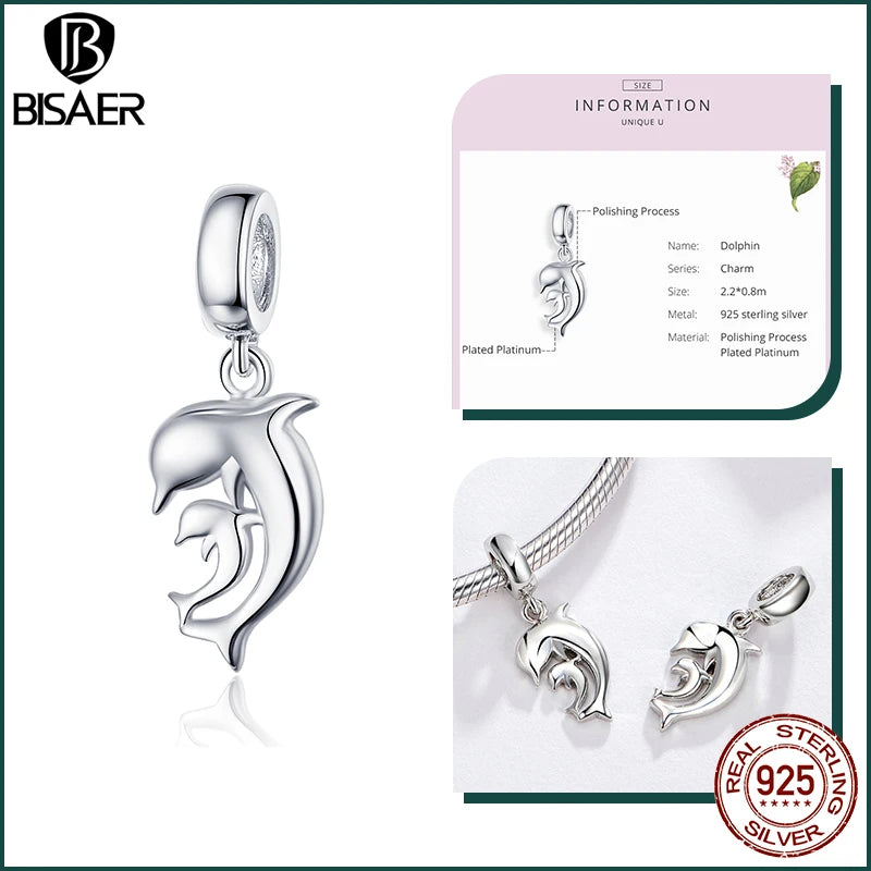 BISAER Ocean Charm 925 Sterling Silver Dolphin and Mermaid Bead with Blue CZ for DIY Jewelry ECC1206 CHINA