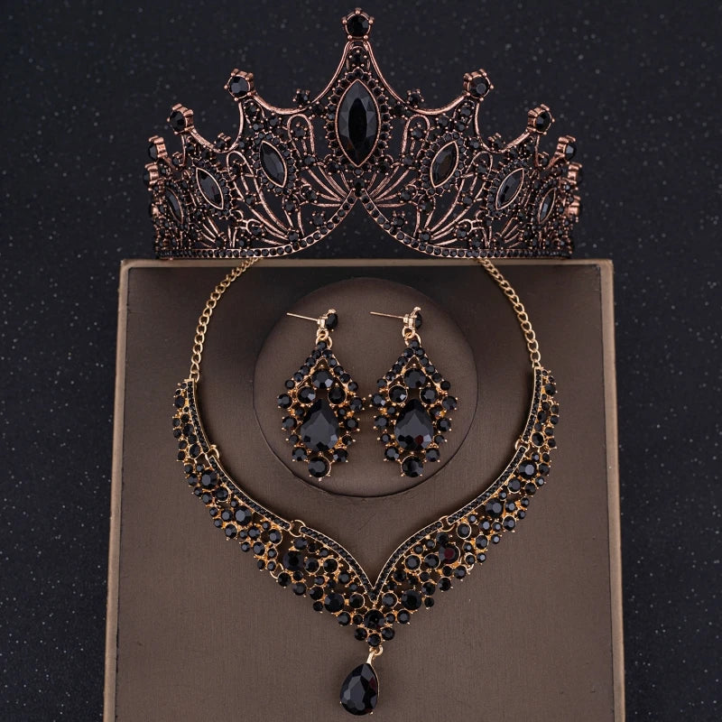 Crystal Crown Bridal Jewelry Set - 3Pcs Rhinestone Necklace & Earring Accessories Black