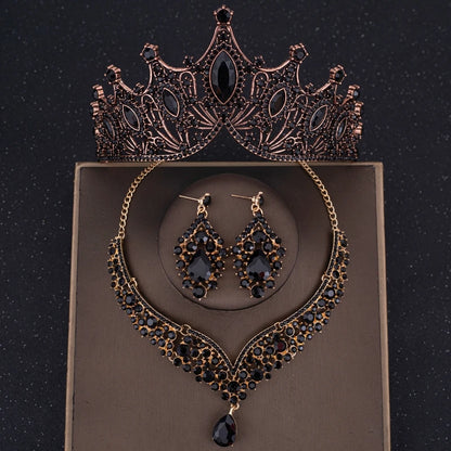 Crystal Crown Bridal Jewelry Set - 3Pcs Rhinestone Necklace & Earring Accessories Black