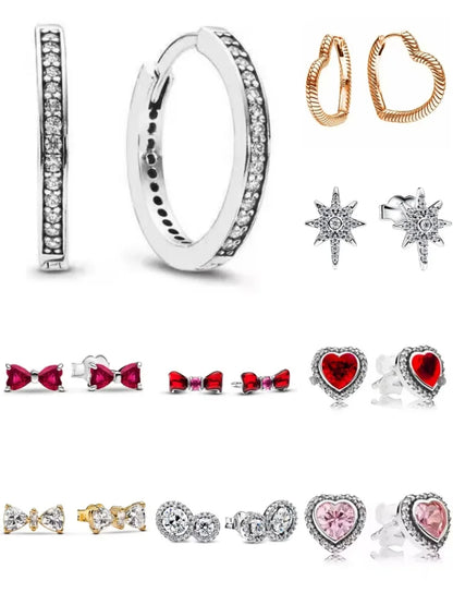 Heart Series Red Heart Bow Snowflake Stud Earrings in 925 Sterling Silver for Women Fashion
