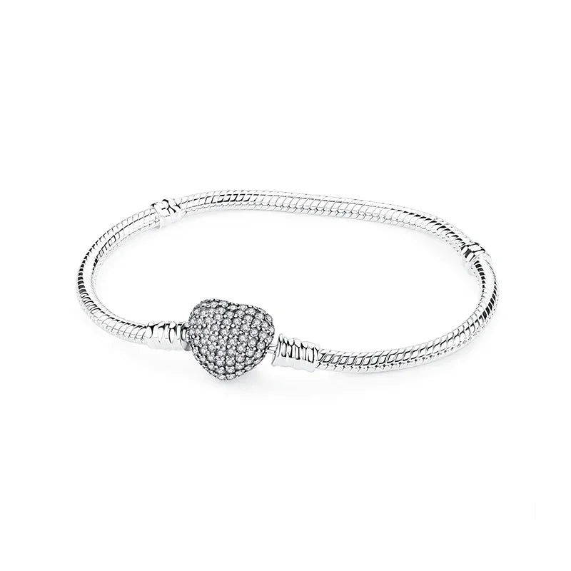 925 Sterling Silver Heart Lock Snake Bone Chain Bangle Women’s Classic Zircon Bracelet Fine Jewelry Party Gift