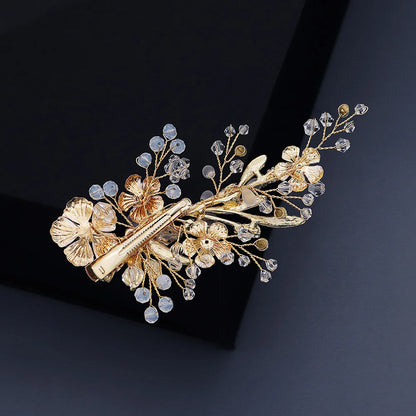 Vintage Golden Floral Hairpin With Frosted Crystal Pearls For Bridal Elegance