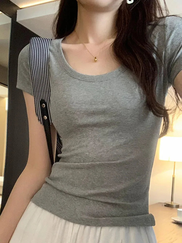 2025 Womens Slim Cotton O Neck Summer Tee Y2K Basic