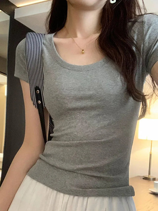 2025 Womens Slim Cotton O Neck Summer Tee Y2K Basic