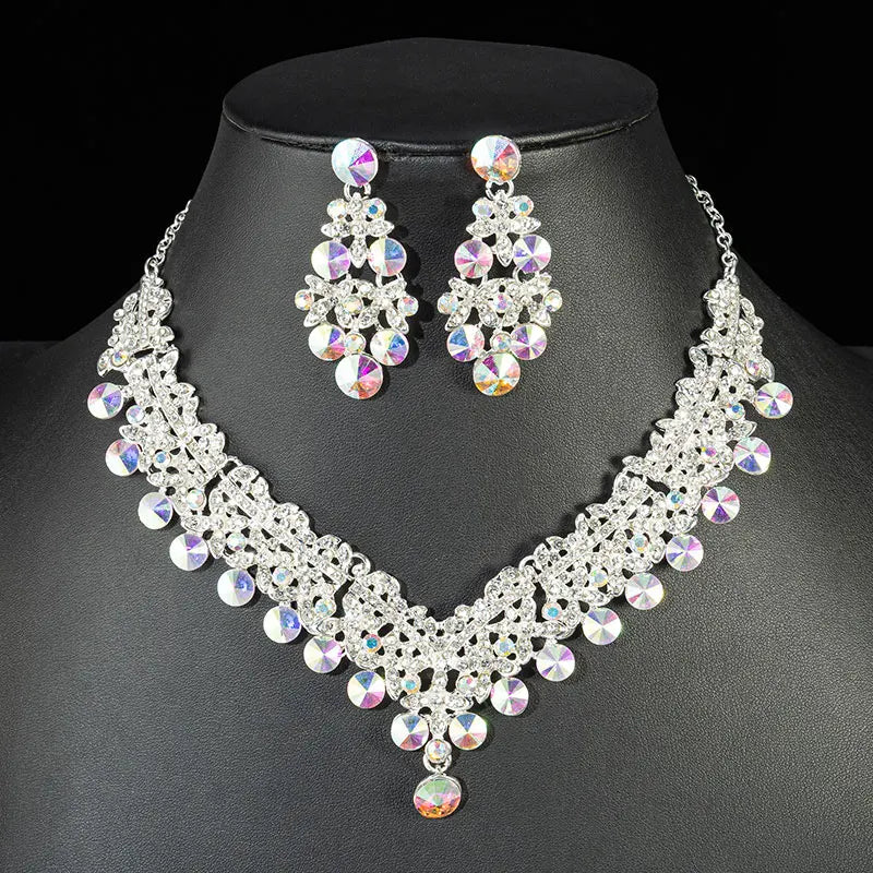 KMVEXO Luxury Crystal Bead Necklace & Earrings Set - Stunning AB Color Jewelry for Weddings & Parties X002 Silver AB