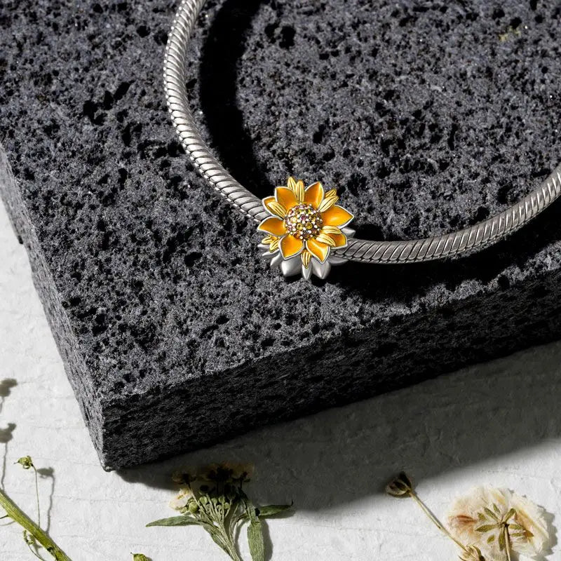 925 Sterling Silver Charm Beads for Women Bracelet - Four-Leaf Clover and Sunflower Design