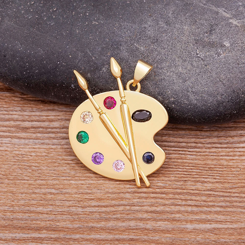 Colorful Zirconia Palette Pendant Necklace for Women Art-Inspired Brush Chain Jewelry