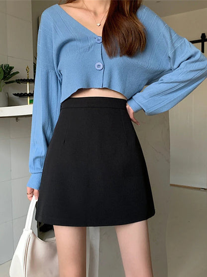 Black Mid Calf A Line High Waist Korean Skirt Women