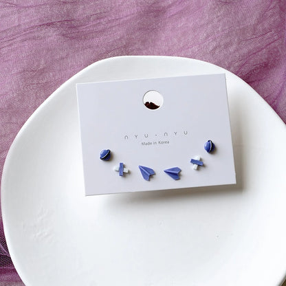 Mixed Color Ceramic Stud Earrings Set for Women Featuring Flower Star Airplane and Planet Designs