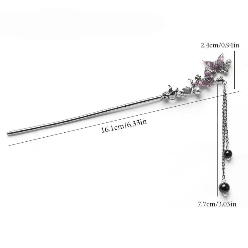 Elegant Double Butterfly Tassel Hairpin with Black Beads Fringe for Women Hanfu Style