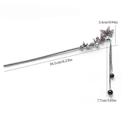 Elegant Double Butterfly Tassel Hairpin with Black Beads Fringe for Women Hanfu Style