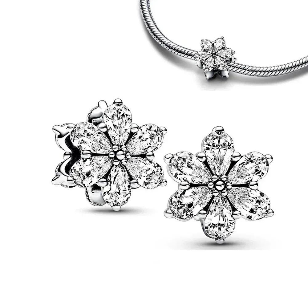 Sterling Silver 925 Skiing Penguin Charm with Geometric Snowflake Beads for Bracelets and Necklaces DIY Jewelry Gift