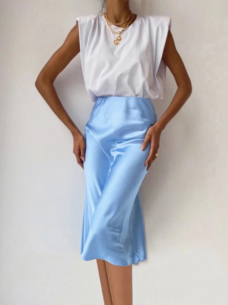 Solid Purple Satin Silk Midi Skirt High Waisted Office Wear