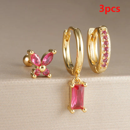 Elegant Rose Red Zircon Stainless Steel Hoop Earrings Set for Women