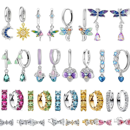 Sparkling 925 Sterling Silver Colorful Heart Zircon Round Huggie Bow Stud Earrings for Women Elegant Sweet Jewelry Gifts